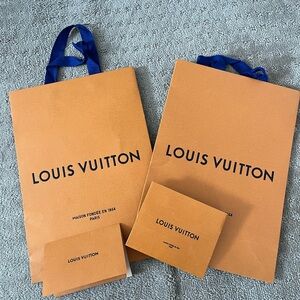 Lot of 3 Louis Vuitton Orange Shopping Bags with Blue Handles receipt envelope
